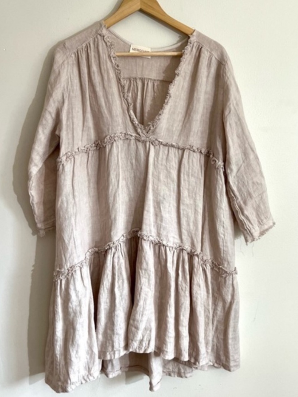 Relaxed Linen V-Neck Raw Tiered Tunic Babydoll Dress in Neutral Sand Beige L